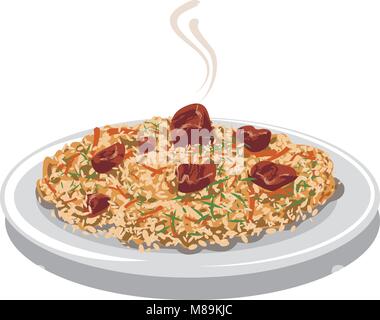 Illustrazione di hot pilaf con riso e carne e la carota sulla piastra Illustrazione Vettoriale