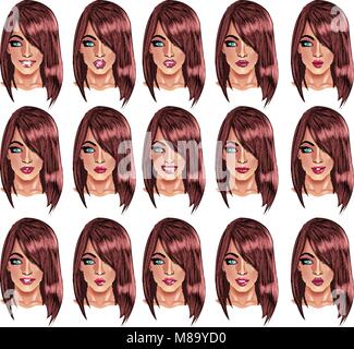 Serie di bellissimi capelli marrone donna ritratti con diversi labbri e affrontare le espressioni da sorridere alla grave. Utilizzare per gli avatar, loghi, game character Illustrazione Vettoriale