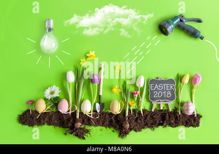 Pasqua letto floreale giardino con fila di uova dipinte tra fiori, le nuvole, la lampadina della luce del sole, e il tubo flessibile con uno schizzo di acqua spruzzata Foto Stock
