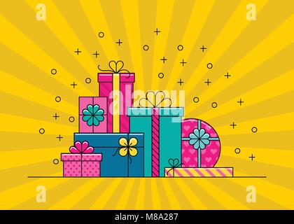 Grande pila di colorato avvolto confezioni regalo. Illustrazione Vettoriale