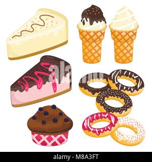 Dolce con set. Torta gelato, ciambella, tortina Illustrazione Vettoriale