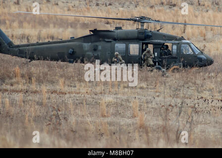 Stati Uniti Paracadutisti dell'esercito assegnati al 2° Battaglione, 325Airborne Reggimento di Fanteria, 2° Brigata Team di combattimento, ottantaduesima Airborne Division, scendere da un UH-60 Black Hawk elicottero durante un assalto dell'aria la missione come parte della divisione disponibilità esercizio tenutasi il Fort Bragg, N.C., Feb 12, 2018. L'esercizio convalidato la divisione della possibilità di distribuire una brigata combat team con annesso abilitatori con breve preavviso. La DRE ha iniziato con un carico di migliaia di pezzi di equipaggiamento, seguita da un giunto di ingresso forzato il funzionamento su un campo di aviazione impugnata e concluso con air assault missioni per cogliere Foto Stock