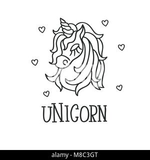 Unicorn Testa e cuore profilo disegna icona sullo sfondo bianco Illustrazione Vettoriale