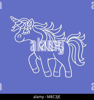 Funny unicorn silhouette bianca Disegna icona sullo sfondo blu Illustrazione Vettoriale