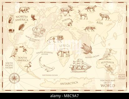 Vintage mappa del mondo con gli animali selvatici e le montagne. Creature del mare nell'oceano. Vecchia pergamena retrò. wildlife sul concetto di massa. sfondo o poster per bambini. incisi disegnati a mano, continentale e isola. Illustrazione Vettoriale