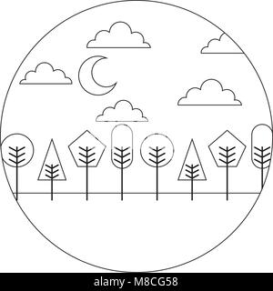 Paesaggio lunare notte nuvole alberi design tondo illustrazione vettoriale di una linea sottile Illustrazione Vettoriale