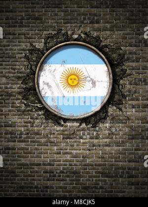 3D rendering di una bandiera argentina su un arrugginito piatto metallico incorporato su un vecchio muro di mattoni Foto Stock