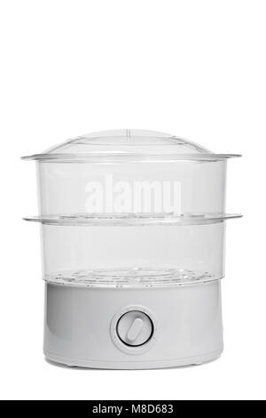 Primo piano di un bianco elettrico cuoci a vapore su sfondo bianco Foto Stock