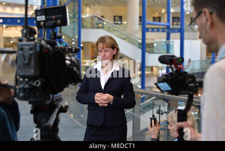 Minette pastelle Presidente della NFU ( Sindacato nazionale degli agricoltori) parlare alla stampa in occasione del NFU Conferenza di Birmingham nel febbraio 2018. Foto Stock