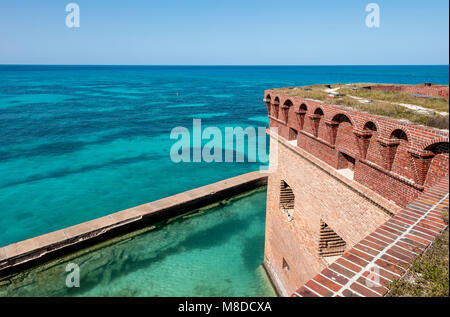 Una vista di Fort Jefferson e il fossato, Parco Nazionale di Dry Tortugas, Florida. Esso è servito come fort e carcere durante la Guerra Civile. Foto Stock