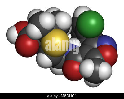 Flucloxacillina (floxacillin) farmaci antibiotici molecola. Il rendering 3D. Gli atomi sono rappresentati come sfere con i tradizionali colori: idrogeno (bianco) Foto Stock