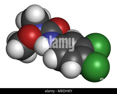 Linuron erbicida molecola. Il rendering 3D. Gli atomi sono rappresentati come sfere con i tradizionali colori: idrogeno (bianco), carbonio (grigio), Ossigeno (ri Foto Stock