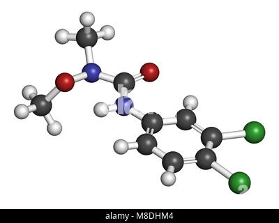 Linuron erbicida molecola. Il rendering 3D. Gli atomi sono rappresentati come sfere con i tradizionali colori: idrogeno (bianco), carbonio (grigio), Ossigeno (ri Foto Stock