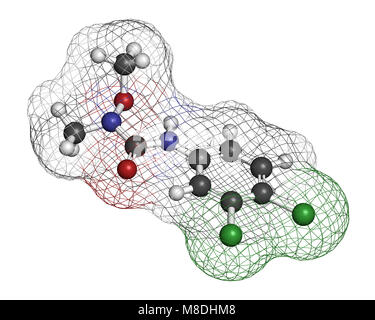 Linuron erbicida molecola. Il rendering 3D. Gli atomi sono rappresentati come sfere con i tradizionali colori: idrogeno (bianco), carbonio (grigio), Ossigeno (ri Foto Stock