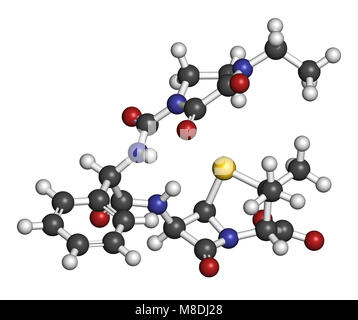 Porfiromycina antibiotico molecola di farmaco. Il rendering 3D. Gli atomi sono rappresentati come sfere con i tradizionali colori: idrogeno (bianco), carbonio (grigio), Foto Stock