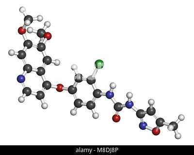 Cancro Tivozanib molecola di farmaco. Il rendering 3D. Gli atomi sono rappresentati come sfere con i tradizionali colori: idrogeno (bianco), carbonio (grigio), nitrog Foto Stock