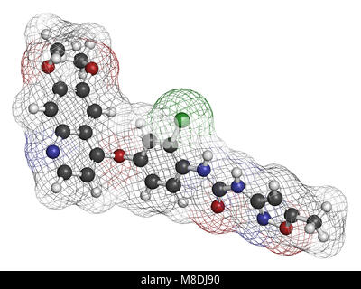 Cancro Tivozanib molecola di farmaco. Il rendering 3D. Gli atomi sono rappresentati come sfere con i tradizionali colori: idrogeno (bianco), carbonio (grigio), nitrog Foto Stock