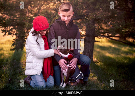 Ritratto di ragazzo e una ragazza, con Boston Terrier cane, all'aperto Foto Stock