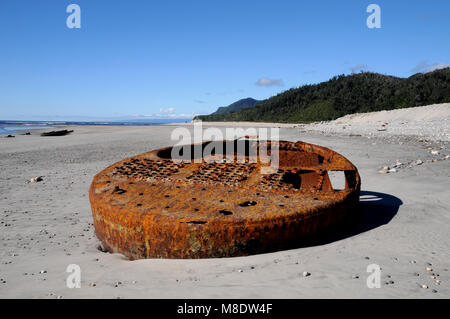 Resti della SS Lawrence affondata nel mare grosso a Mokihinui, Buller, il 28 aprile 1891. Il relitto può ancora essere visto con la bassa marea. Foto Stock