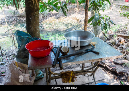 Agganciate i coltelli utilizzati per aprire le noci di cocco, Vietnam Foto Stock