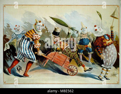 Questa immagine mostra cinque clown da circo, catturati nei loro tradizionali costumi colorati, che incarnano la gioia e l'intrattenimento del circo. I clown rappresentano gli aspetti teatrali e giocosi degli spettacoli circensi. Foto Stock