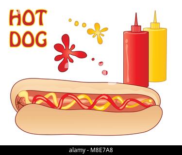 Una illustrazione vettoriale in formato eps formato 10 di deliziosi hot dog in una pagnotta di pane con ketchup e senape su sfondo bianco Illustrazione Vettoriale