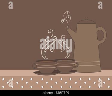 Una illustrazione vettoriale in formato eps di un caffè e tazze in sfumature di marrone con pois tovaglia vintage e spazio per il testo Illustrazione Vettoriale