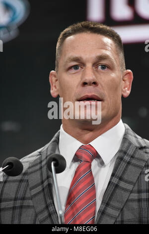 East Rutherford, NJ, Stati Uniti d'America. 16 Mar, 2018. John Cena presso la conferenza stampa annunciando la WWE Wrestlemania 35 ritornando alla METLIFE Stadium nel 2019 a East Rutherford, New Jersey il 16 marzo 2018. Credito: Giorgio Napolitano/media/punzone Alamy Live News Foto Stock