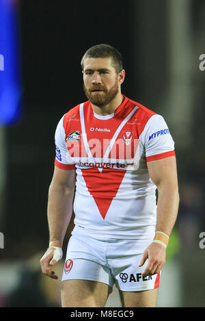 St Helens,Merseyside, Regno Unito. 16 marzo 2018, totalmente Wicked Stadium, St Helens,Merseyside, Inghilterra; Betfred Super League Rugby, Round 6, St Helens versus Leeds rinoceronti; Kyle Amor di St Helens riscaldamento Credito: News Immagini/Alamy Live News Foto Stock