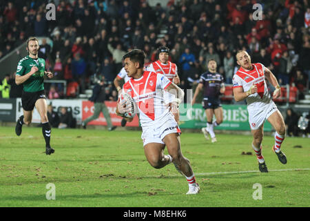 16 marzo 2018, totalmente Wicked Stadium, St Helens,Merseyside, Inghilterra; Betfred Super League Rugby, Round 6, St Helens versus Leeds rinoceronti; Ben Barba di St Helens passa per una prova Foto Stock