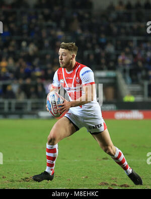 16 marzo 2018, totalmente Wicked Stadium, St Helens,Merseyside, Inghilterra; Betfred Super League Rugby, Round 6, St Helens versus Leeds rinoceronti; Danny Richardson di St Helens rende un assolo di eseguire Foto Stock