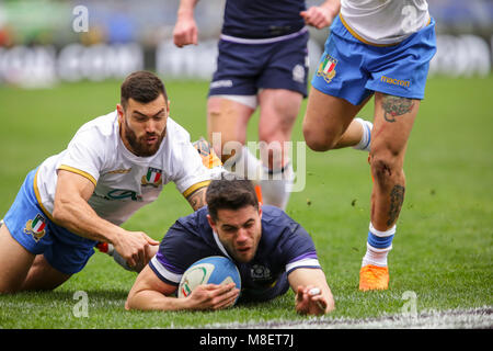 Roma, Italia. 17 febbraio 2018. La Scozia è ala Sean Maitland punteggi a cercare nella partita contro l'Italia in NatWest 6campionato delle Nazioni 2018 Massimiliano Carnabuci/Alamy Live News Foto Stock