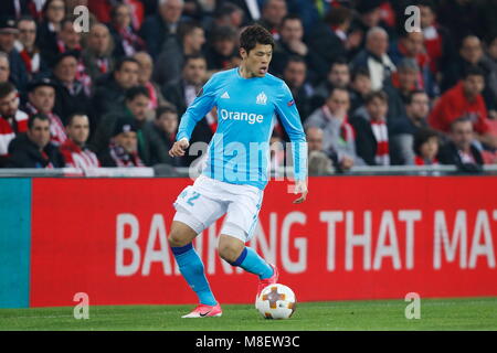 Hiroki Sakai (Marsiglia), 15 marzo 2018 - Calcio : UEFA Europa League Round di 16 seconda gamba match tra Athletic Club de Bilbao 1-2 Olympique De Marseille al Estadio de San Mames a Bilbao, Spagna. (Foto di Mutsu Kawamori/AFLO) [3604] Foto Stock