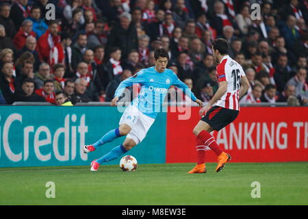 Hiroki Sakai (Marsiglia), 15 marzo 2018 - Calcio : UEFA Europa League Round di 16 seconda gamba match tra Athletic Club de Bilbao 1-2 Olympique De Marseille al Estadio de San Mames a Bilbao, Spagna. (Foto di Mutsu Kawamori/AFLO) [3604] Foto Stock