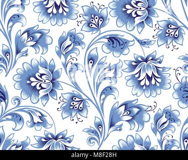 Floral seamless pattern. Fregio floreale. Fioriscono ornamentali in sottofondo di musica folk tradizionale stile russo Illustrazione Vettoriale