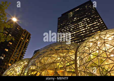 WA13867-00...WASHINGTON - le tre Biosfere amazzoniche piene di piante esotiche e le Amazzoni Towers nel centro di Seattle al 6th e Lenora. 2017 Foto Stock