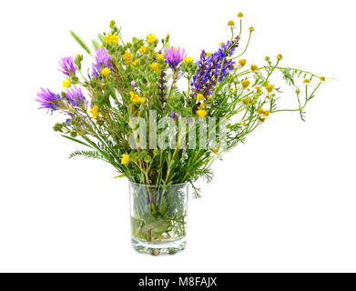 Varietà di fiori selvatici in un vetro isolato su sfondo bianco. Foto Stock