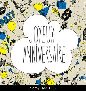 Il francese Happy Birthday doodle vettore completo banner di grandi dimensioni Illustrazione Vettoriale