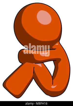 Disegno arancione mascotte uomo seduto con la testa rivolta verso il basso a sinistra lateralmente. Foto Stock