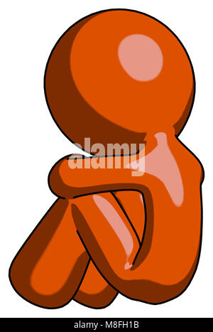 Disegno arancione mascotte uomo seduto con la testa in giù vista posteriore rivolto verso sinistra. Foto Stock