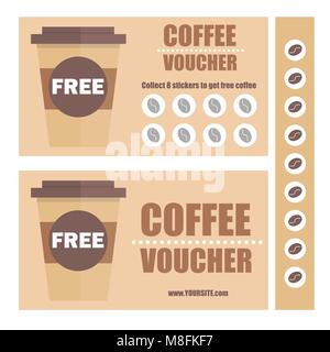 Un gift voucher di caffè o coupon di sconto. Vettore voucher piatto modello. Promozione coupon con adesivi Illustrazione Vettoriale