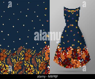 Modello di cute in piccoli fiori ed erbe aromatiche. Seamless sfondo verticale. Un esempio del modello del vestito mock up. Illustrazione Vettoriale. Arancio luminoso giallo su blu navy. Illustrazione Vettoriale