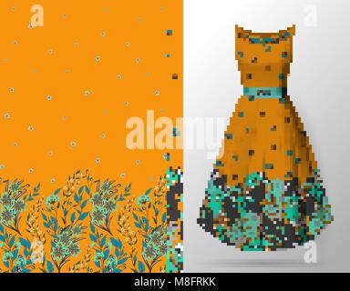 Seamless disegnati a mano motivo floreale con molte piante e fiori. Vector seamless pattern su abiti estivi mock up. Blu su arancione. Illustrazione Vettoriale