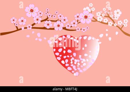 Amore e matrimonio concetti. Pieno fiore fiori di ciliegio e soffiando/flying petali di fiori sul cuore rosso forma; old-rose sfondo colorato. Illustrazione Vettoriale
