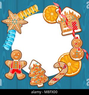 Merry Christmas frame con vari gingerbreads arancione e streamers Illustrazione Vettoriale