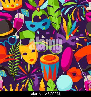 Festa di carnevale seamless pattern con la celebrazione delle icone, oggetti e arredamento Illustrazione Vettoriale