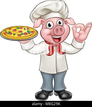 Cartoon Pizza Chef carattere di maiale Illustrazione Vettoriale