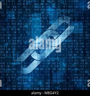 Il simbolo della catena. Collegamento ipertestuale Blockchain simbolo sul codice binario. Abstract blu sullo sfondo di matrice. Numero grande di informazioni sul flusso di dati. E Cryptocurrency blockc Illustrazione Vettoriale
