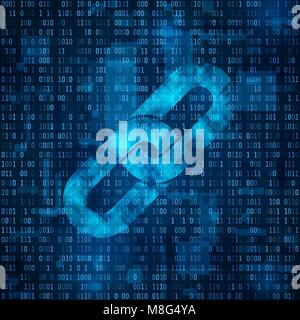 Collegamento ipertestuale Blockchain simbolo sul codice binario. Il simbolo della catena su un astratto matrice blu sullo sfondo. Numero grande di informazioni sul flusso di dati. Cryptocurrency e bloc Illustrazione Vettoriale