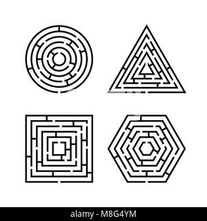 Serie di labirinti di forme differenti per il gioco. Maze rotondi, quadrati, esagoni e triangolo enigma puzzle gioco di logica del concetto. Segno aziendale. Vector illustrat Illustrazione Vettoriale